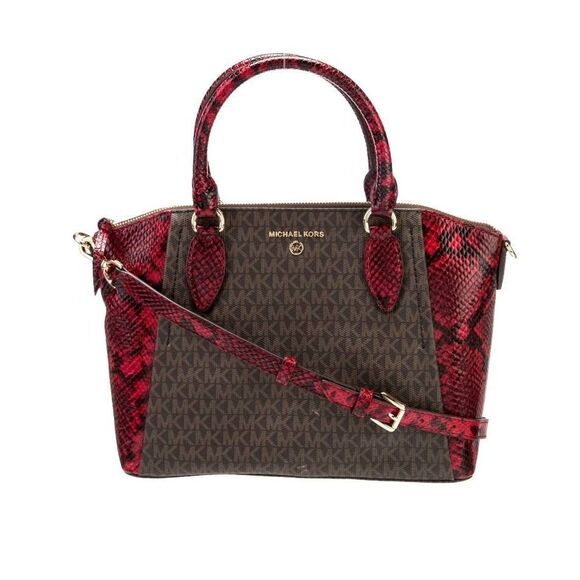 MICHAEL KORS GEORGIA Brown & Red Animal Print Sig Logo Leather Top Handle Bag - Picture 1 of 9